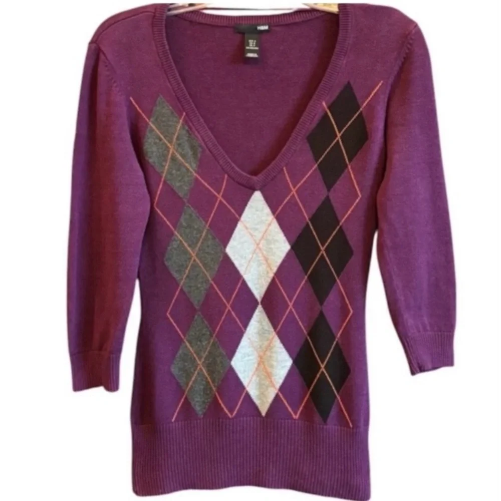 Vintage Argyle Sweater Knit 90s Y2K Pattern V-Neck Jumper Purple Gray Size Small